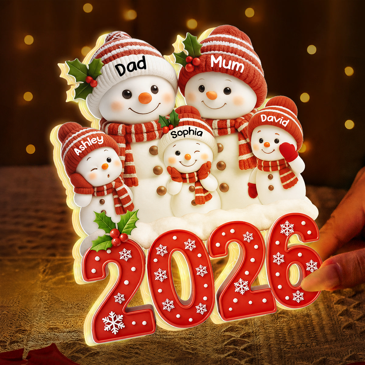 Personalised Family LED Light Box with Names - 2026 Christmas Snowman Design