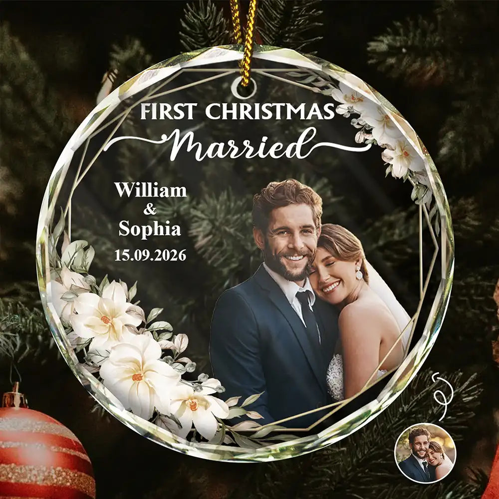 Personalised Couple Glass Christmas Ornament with Photo - First Christmas Married