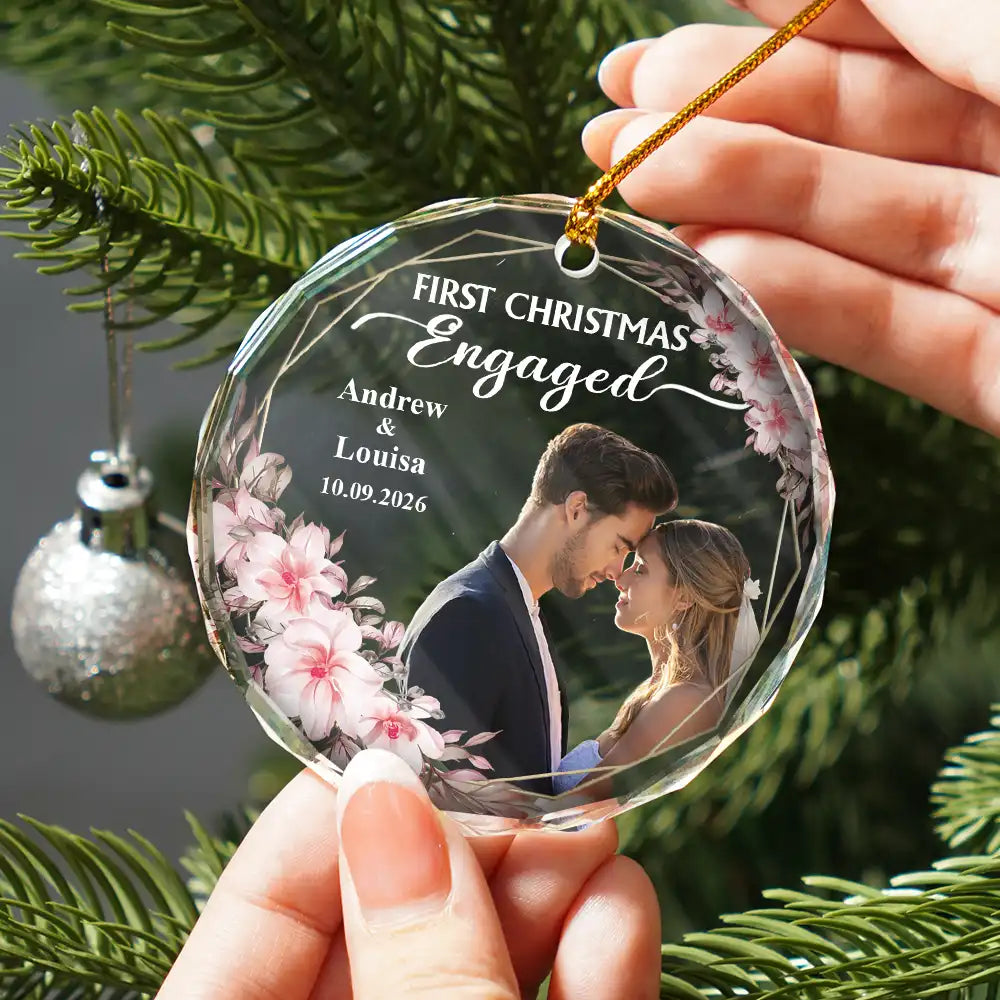 Personalised Couple Glass Christmas Ornament with Photo - First Christmas Married