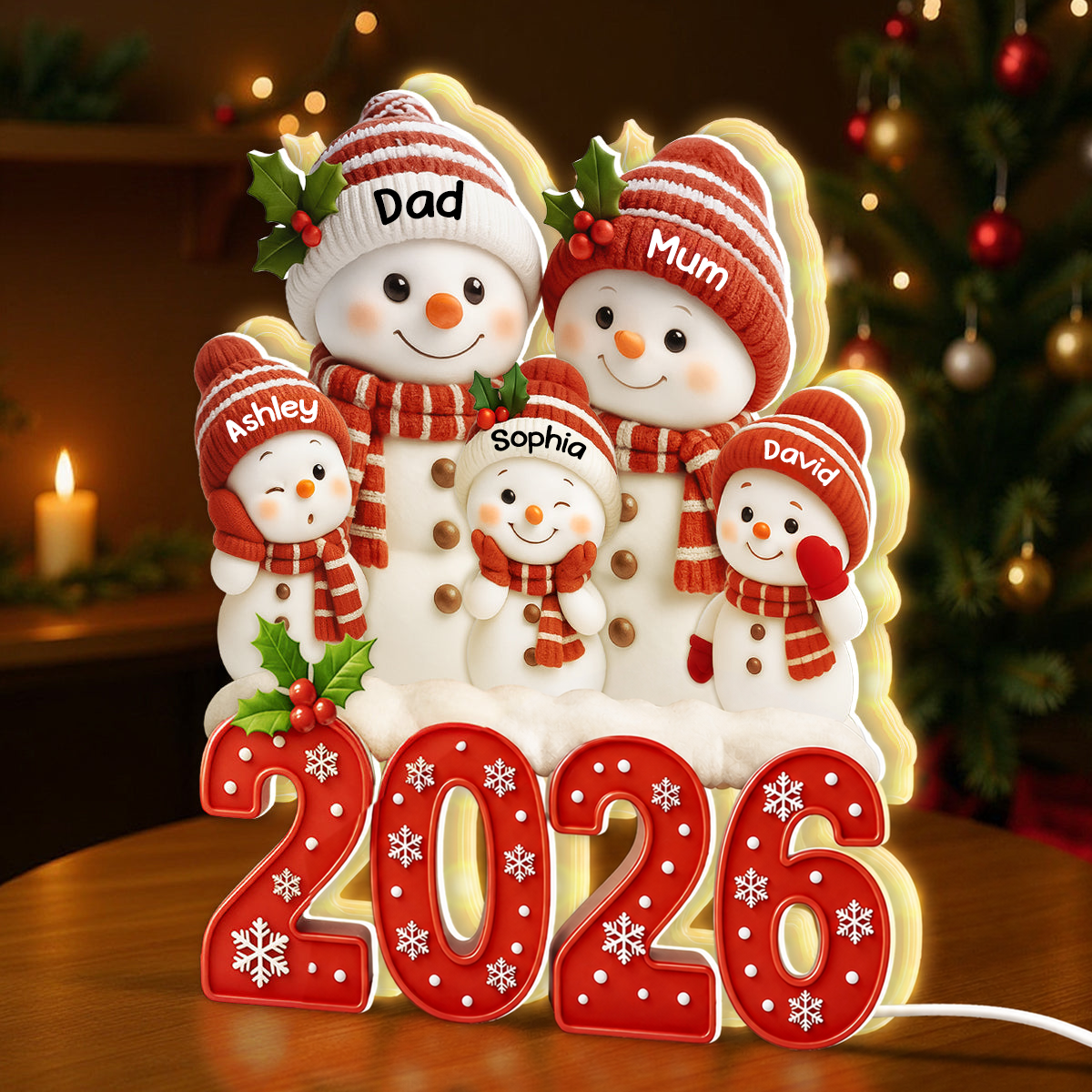 Personalised Family LED Light Box with Names - 2026 Christmas Snowman Design