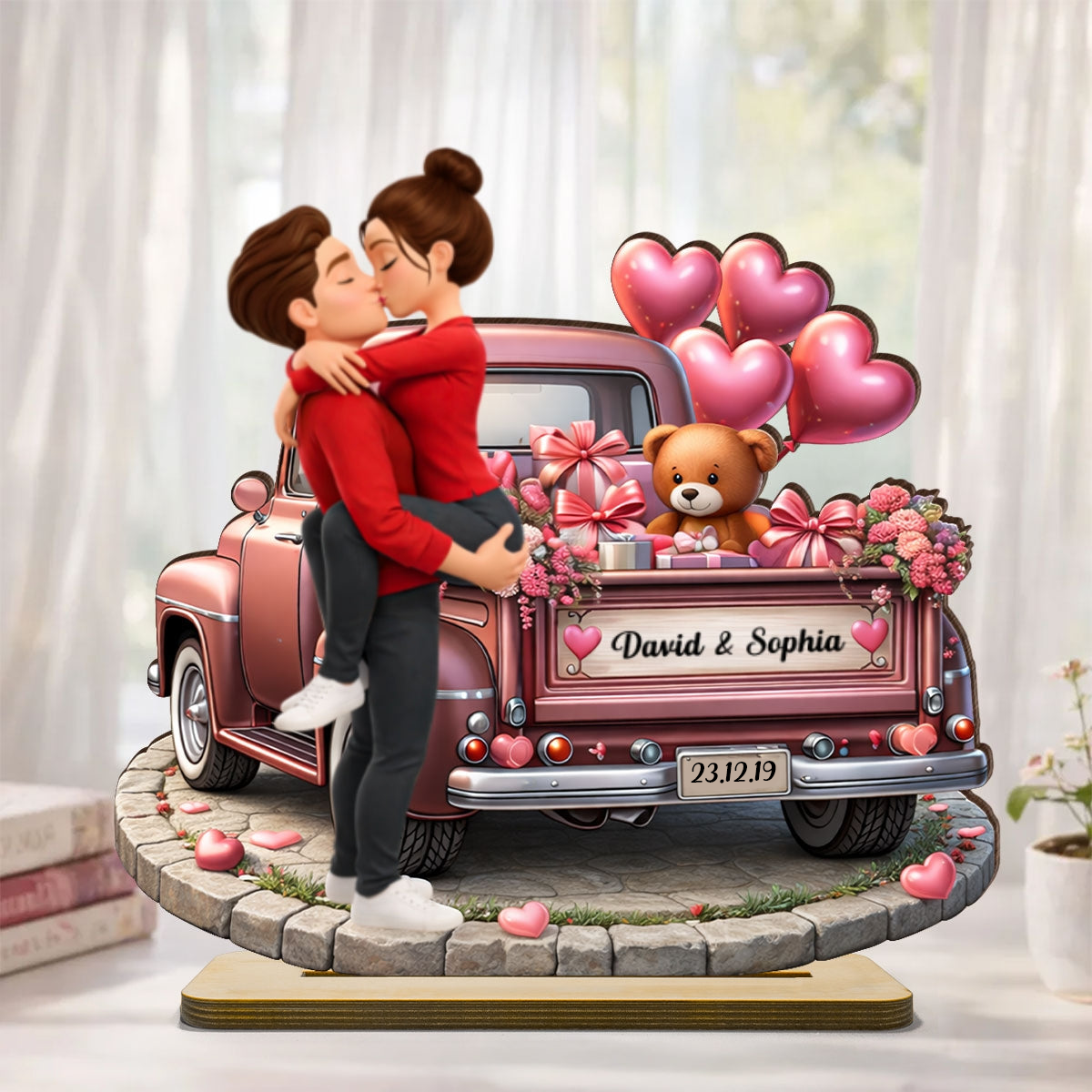 Personalised Anniversary Wooden Plaque - Couple and Valentine Truck Design
