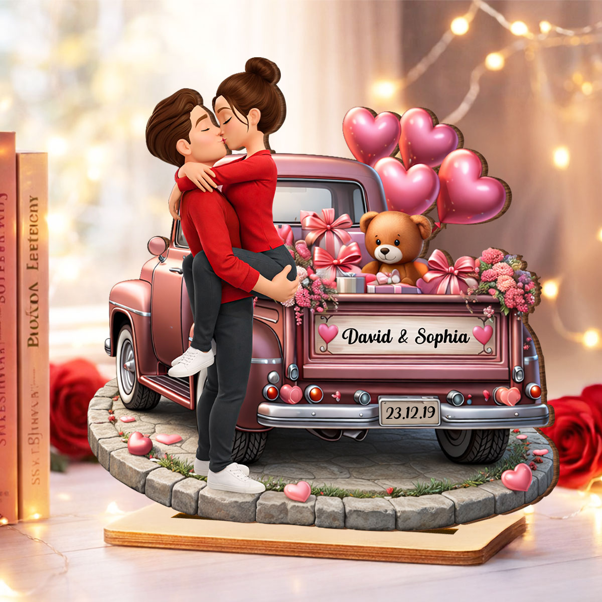 Personalised Anniversary Wooden Plaque - Couple and Valentine Truck Design