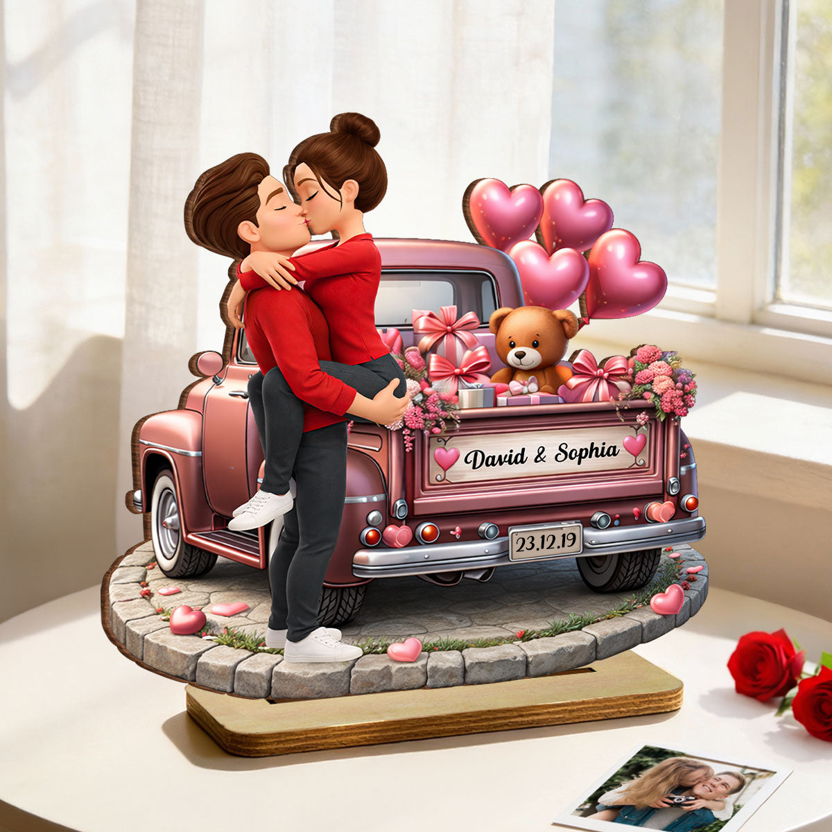 Personalised Anniversary Wooden Plaque - Couple and Valentine Truck Design