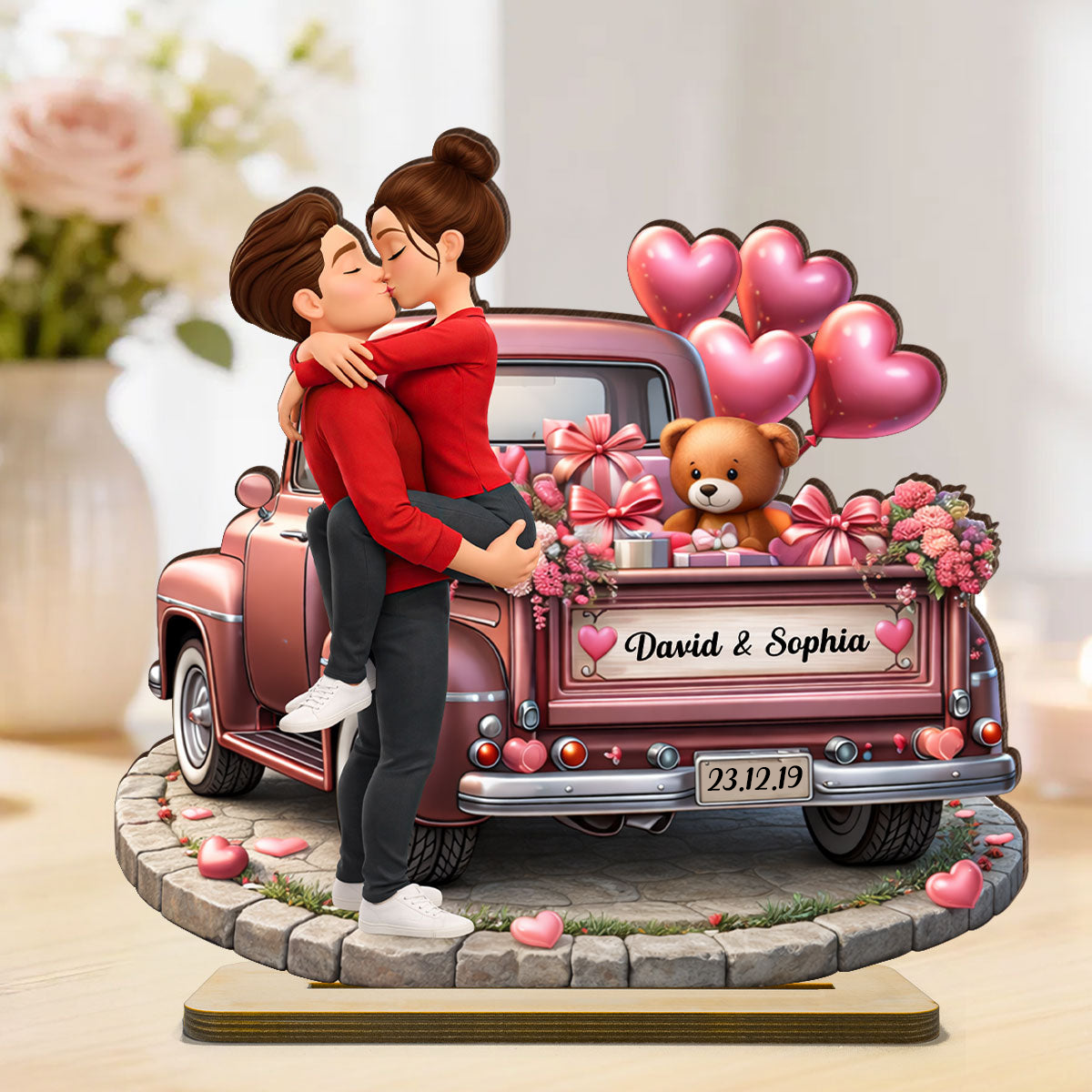 Personalised Anniversary Wooden Plaque - Couple and Valentine Truck Design