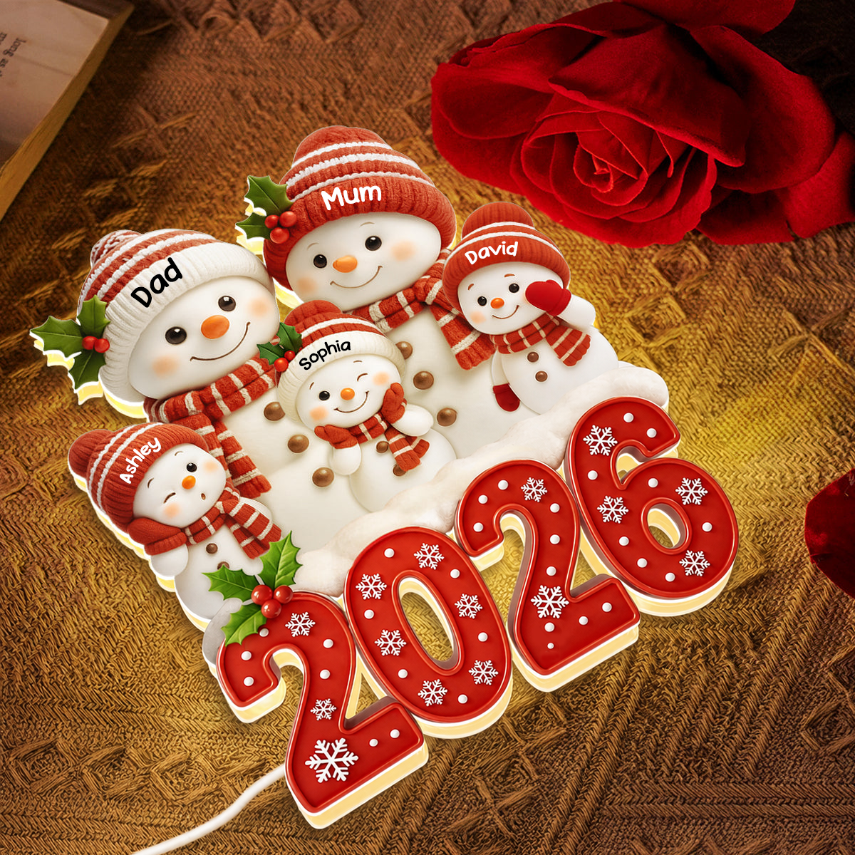 Personalised Family LED Light Box with Names - 2026 Christmas Snowman Design