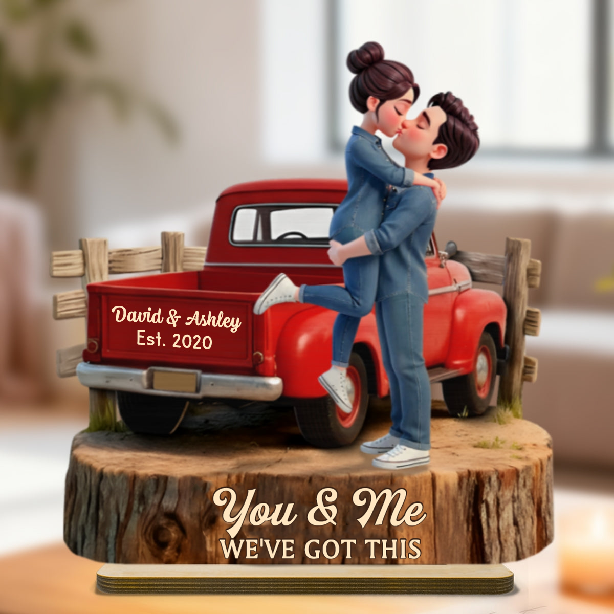 Personalised Couple Wooden Plaque - Couple and Pick-up Lorry