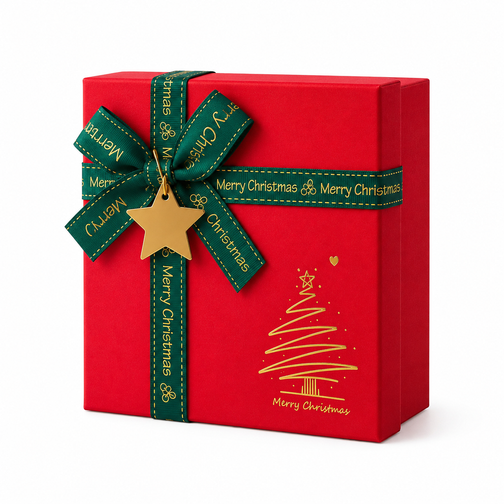 Red Christmas Gift Box with Ribbon Bow, 15 x 15 x 7 cm