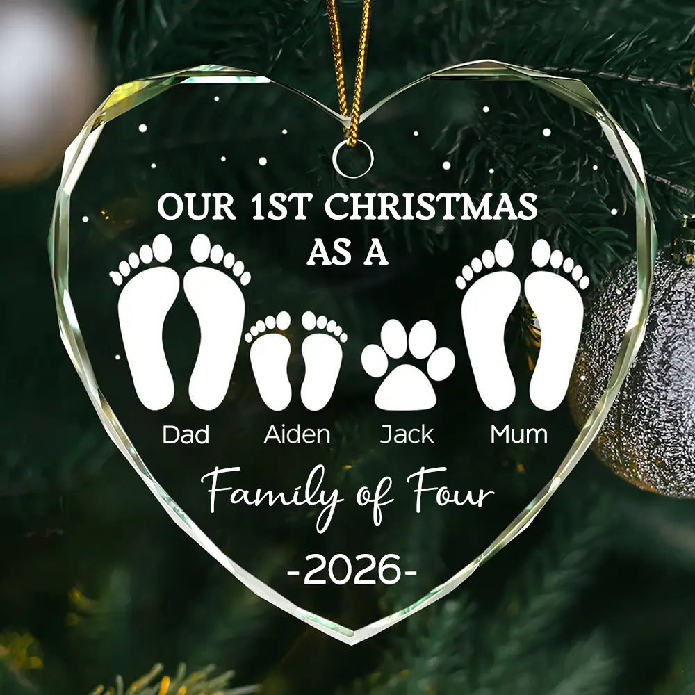 Personalised Glass Christmas Ornament - "Our 1st Christmas as a Family of..." Footprint Design