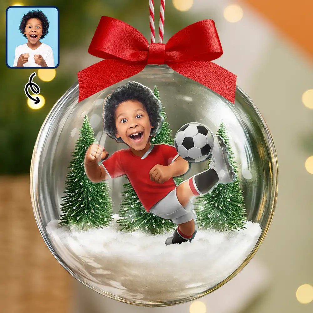 Personalised Clear Christmas Bauble with Photo - Football Kid Design