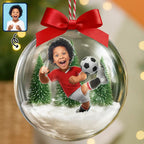 Personalised Clear Christmas Bauble with Photo - Football Kid Design