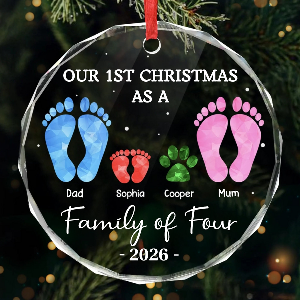 Personalised Family Glass Christmas Ornament with Footprints Design - Our First Christmas as a Family of...
