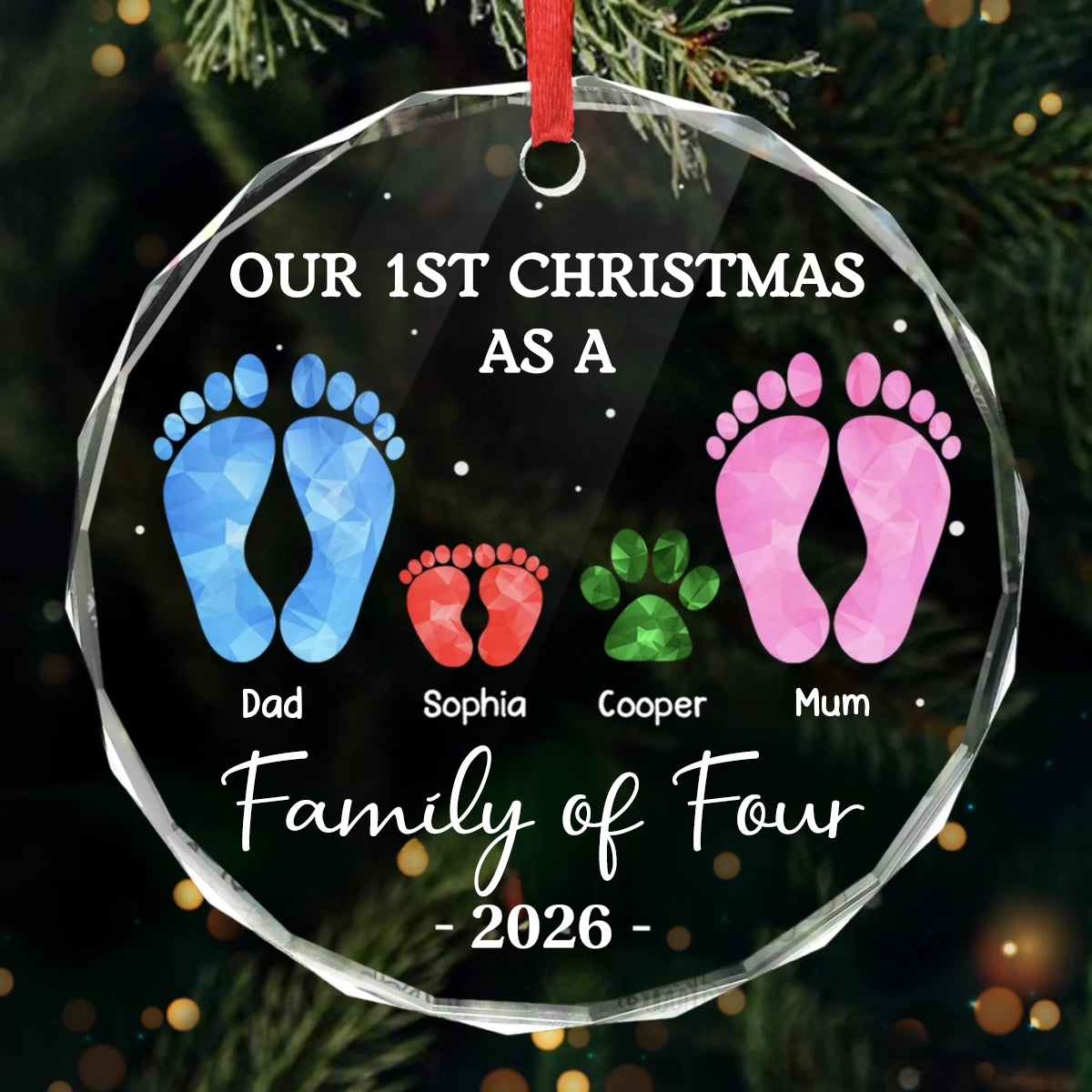 Personalised Family Glass Christmas Ornament with Footprints Design - Our First Christmas as a Family of...