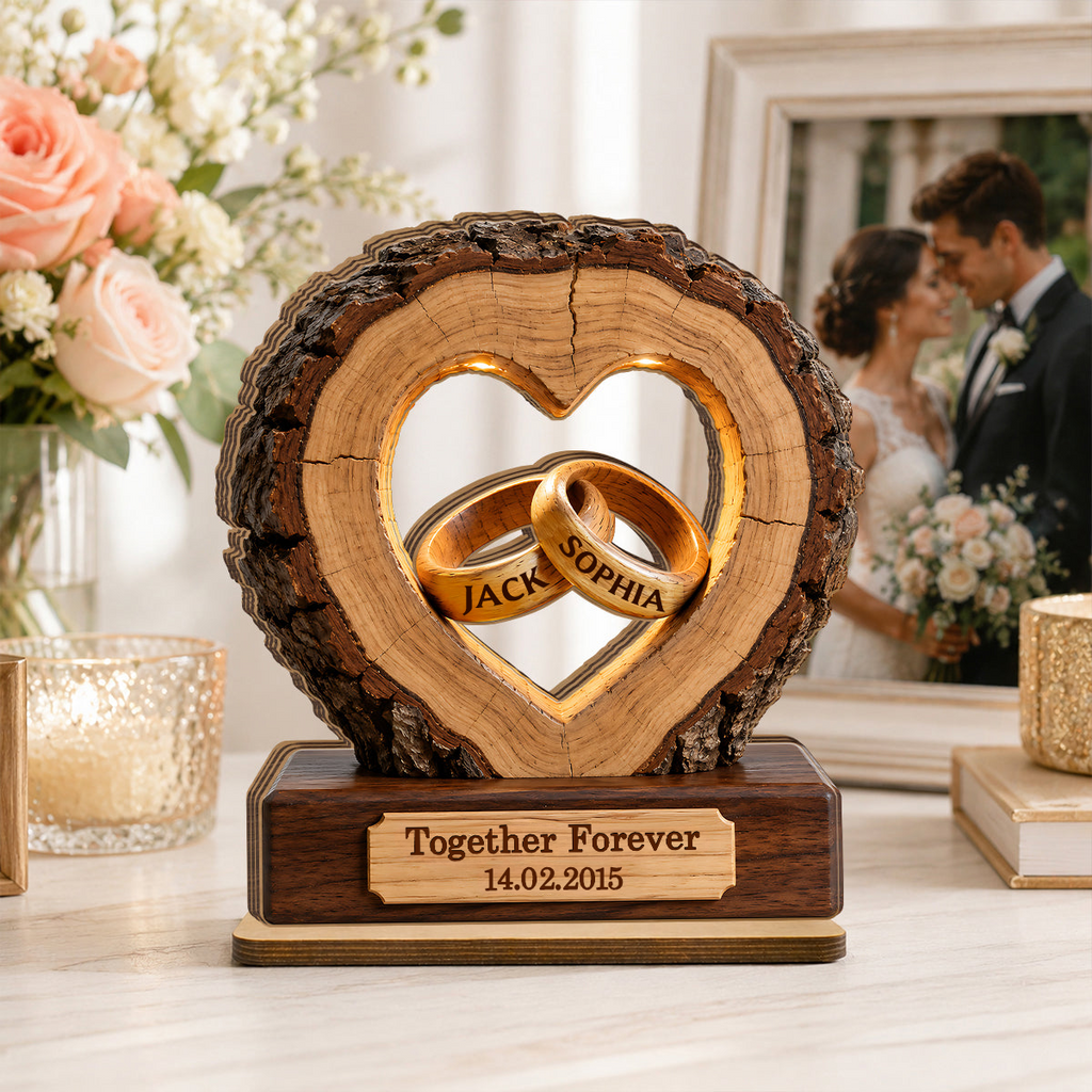 Personalised Anniversary Wooden Plaque for Couples - Ring Design