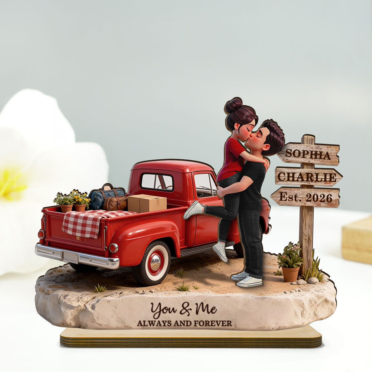 Personalised Couple Wooden Plaque - Couple and Pick‑Up Truck Design