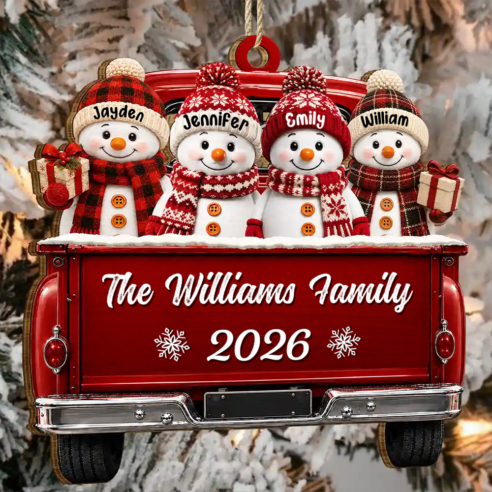 Personalised Family Wooden Christmas Ornament with Names - Snowman Design