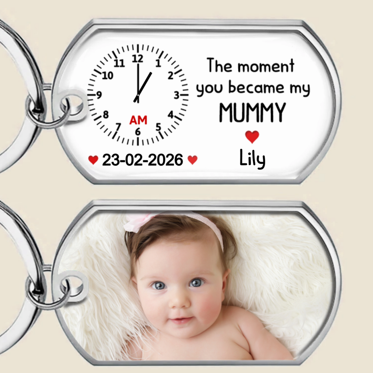 Personalised  Baby Photo Resin Keyring - Clock Design