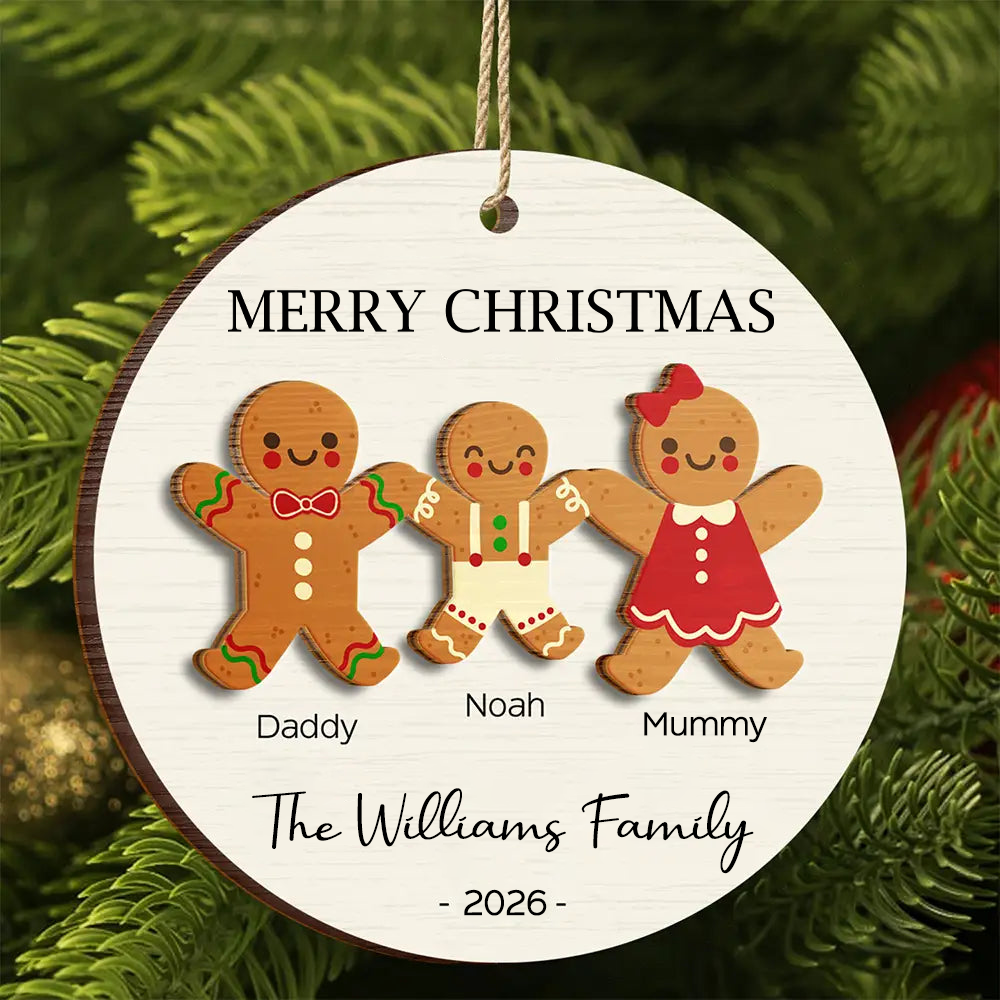 Personalised Layered Wooden Christmas Ornament with Names - Gingerbread Man Design