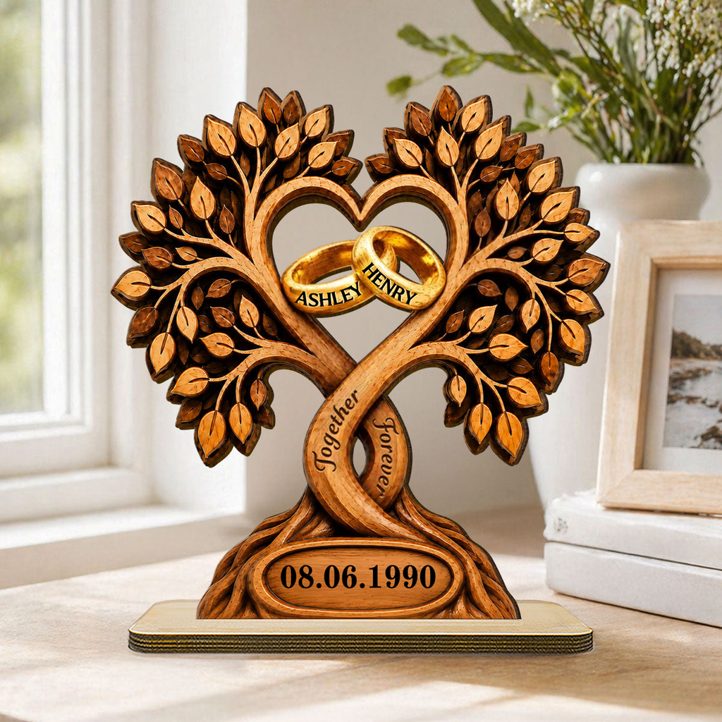 Personalised Couple Wooden Plaque with Name & Date - Tree & Rings Design