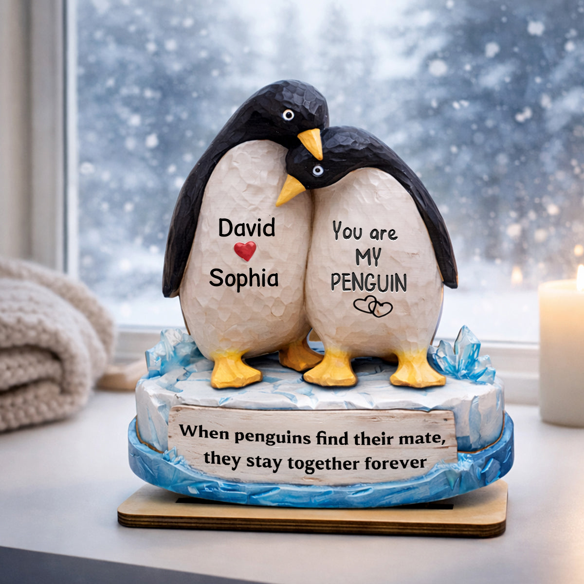 Personalised Wooden Plaque with Names - Penguin Couple Design