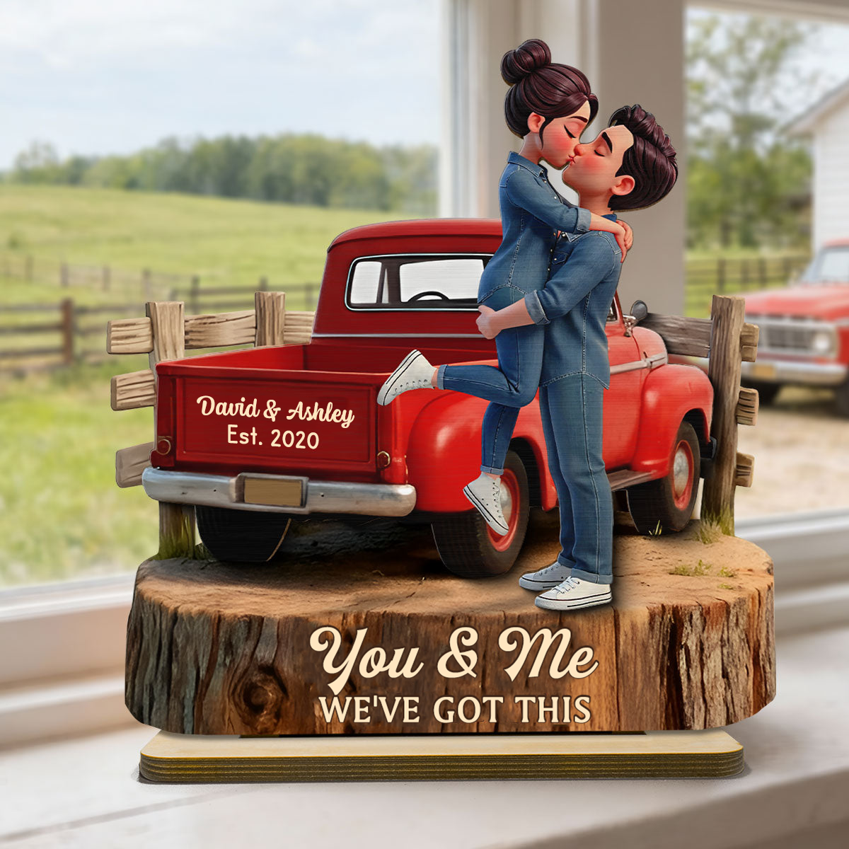 Personalised Couple Wooden Plaque - Couple and Pick-up Lorry