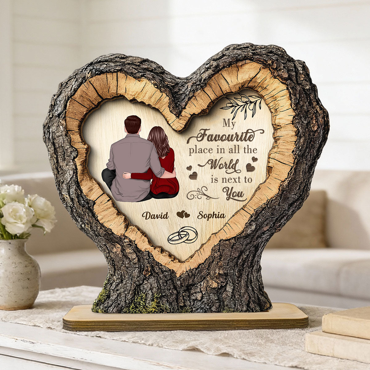 Personalised Couple Layered Wooden Plaque - Heart and Hugging Couple Design