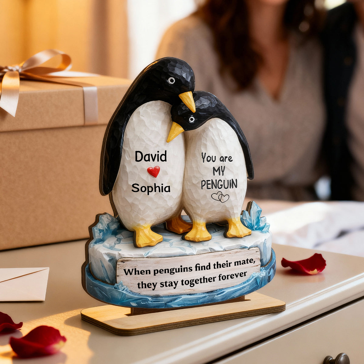 Personalised Wooden Plaque with Names - Penguin Couple Design