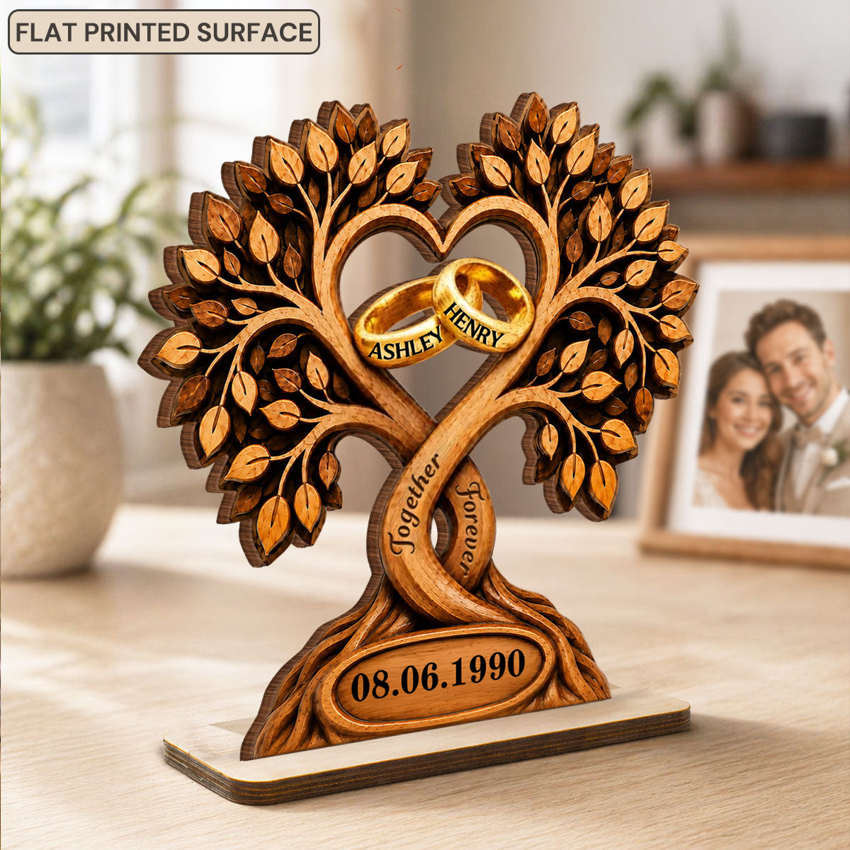Personalised Couple Wooden Plaque with Name & Date - Tree & Rings Design