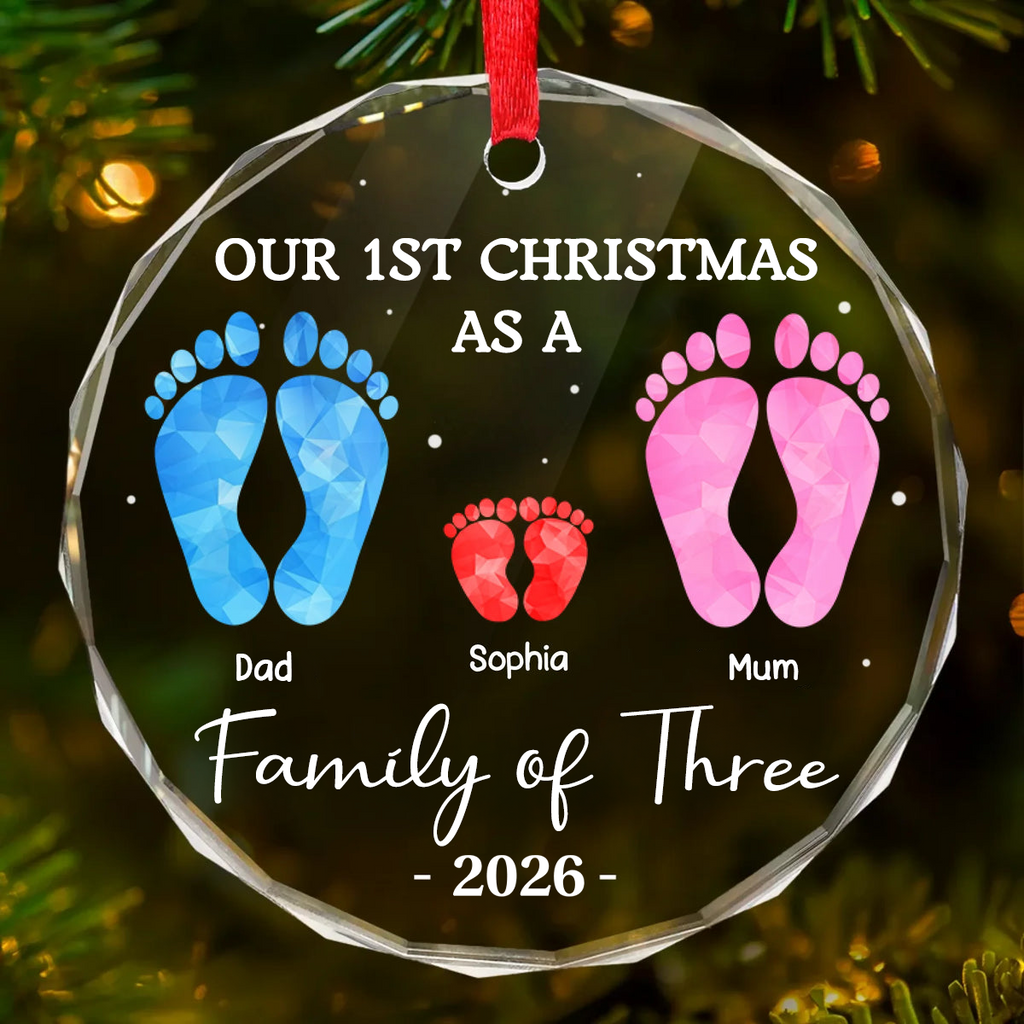 Personalised Family Glass Christmas Ornament with Footprints Design - Our First Christmas as a Family of...