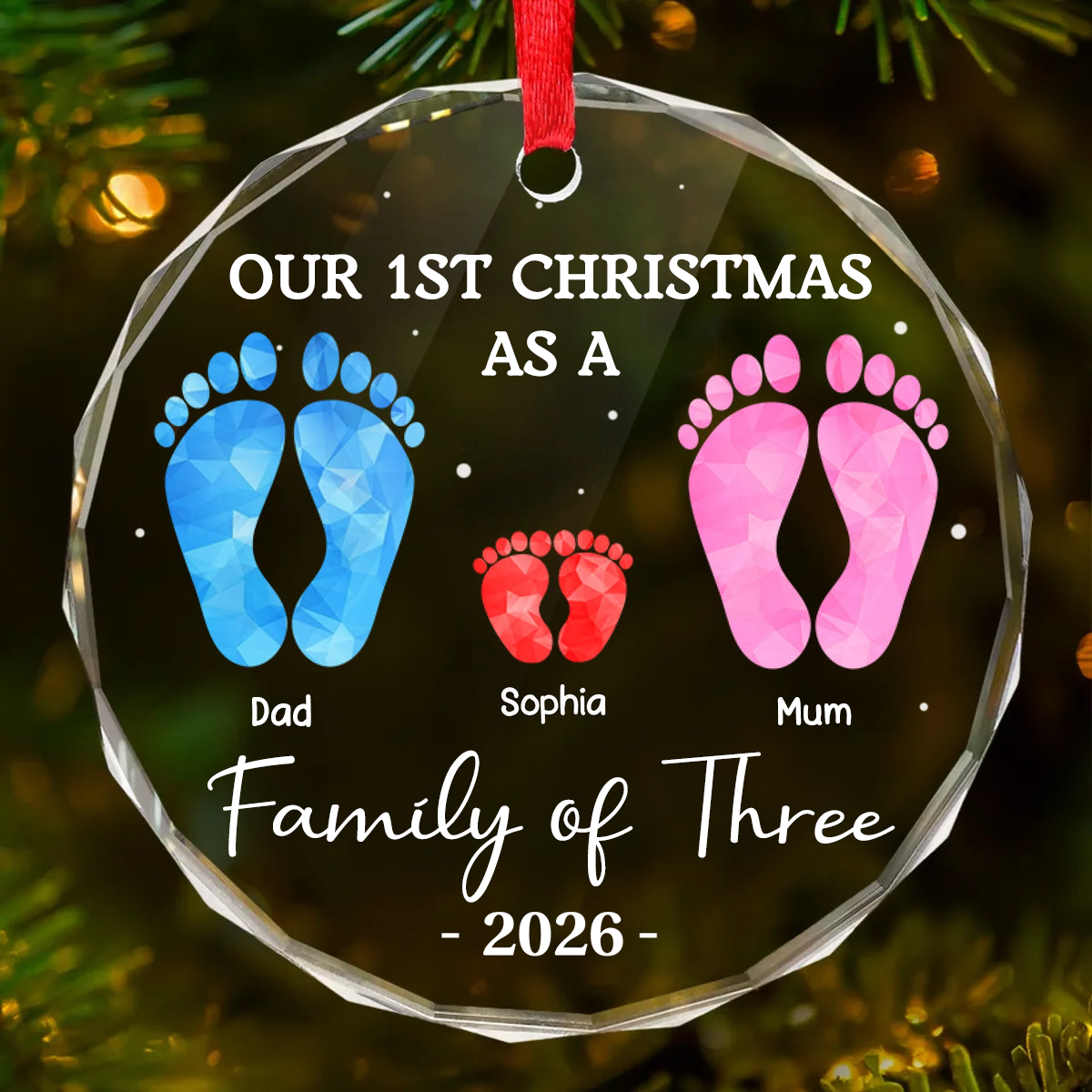 Personalised Family Glass Christmas Ornament with Footprints Design - Our First Christmas as a Family of...