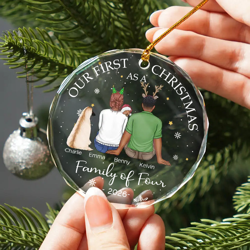 Personalised Family Glass Christmas Ornament with Baby and Pets - Our First Christmas