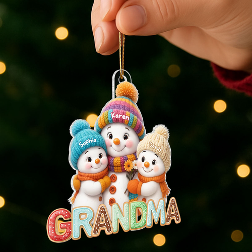 Personalised Acrylic Christmas Ornament with Names for Grandma - Snowman Design