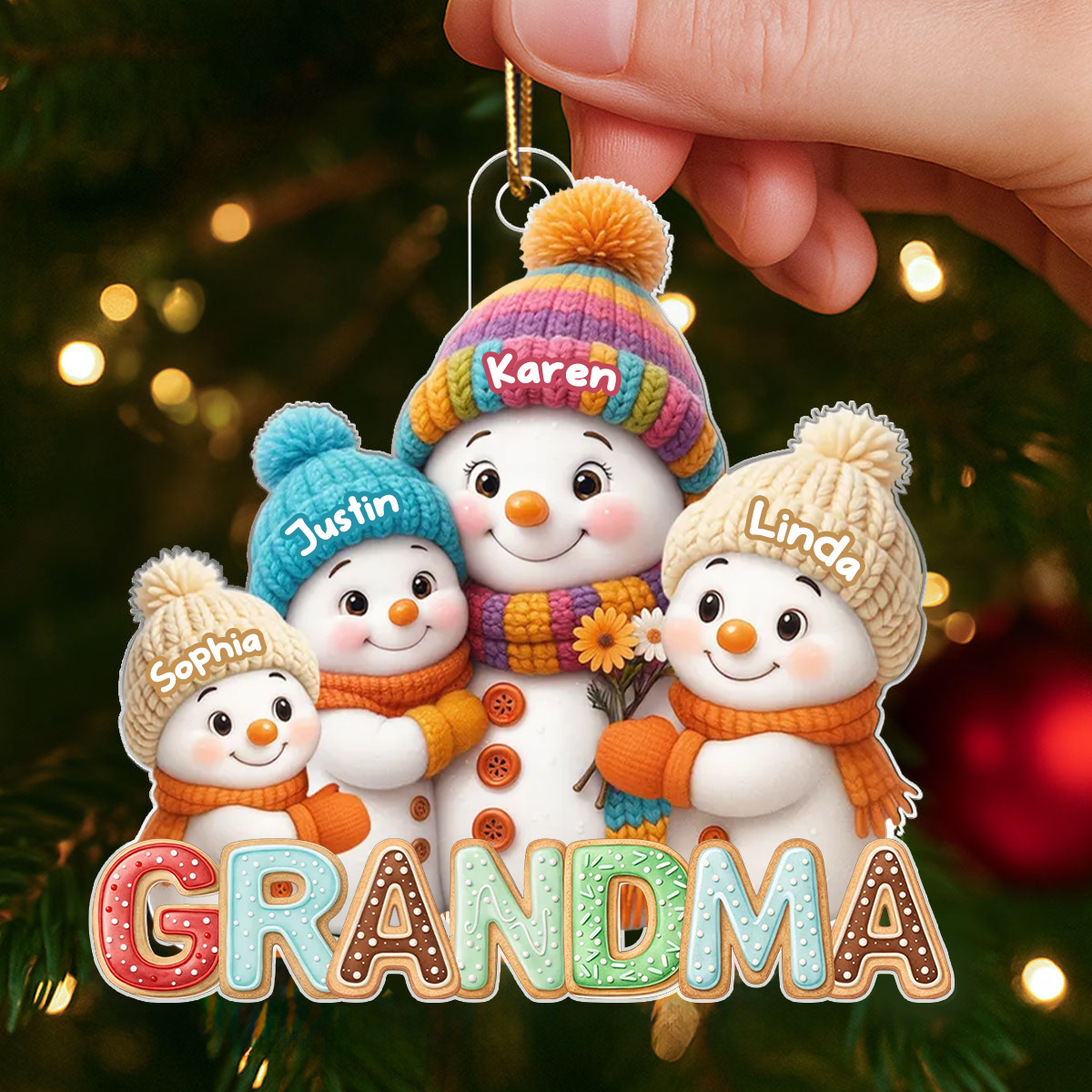 Personalised Acrylic Christmas Ornament with Names for Grandma - Snowman Design