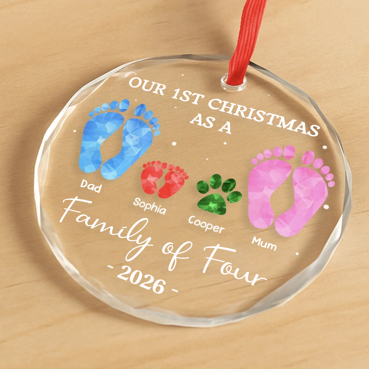 Personalised Family Glass Christmas Ornament with Footprints Design - Our First Christmas as a Family of...