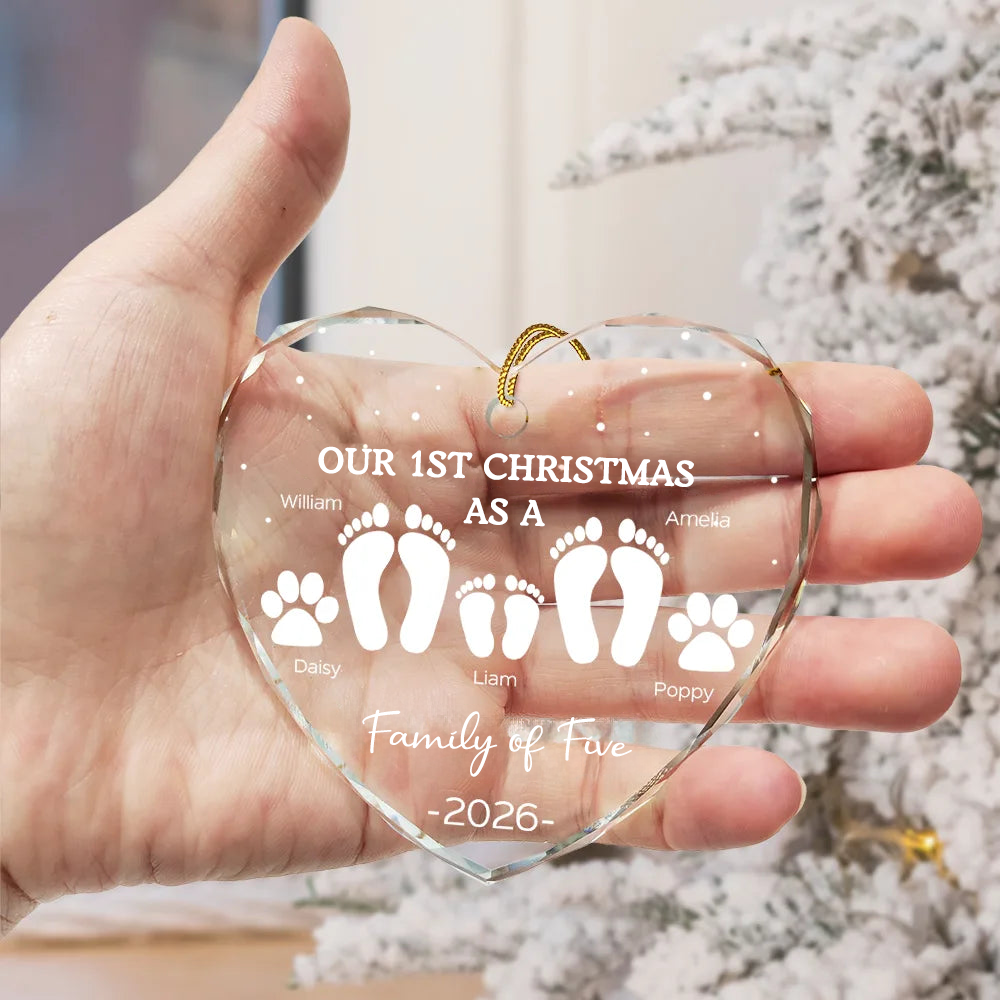 Personalised Glass Christmas Ornament - "Our 1st Christmas as a Family of..." Footprint Design