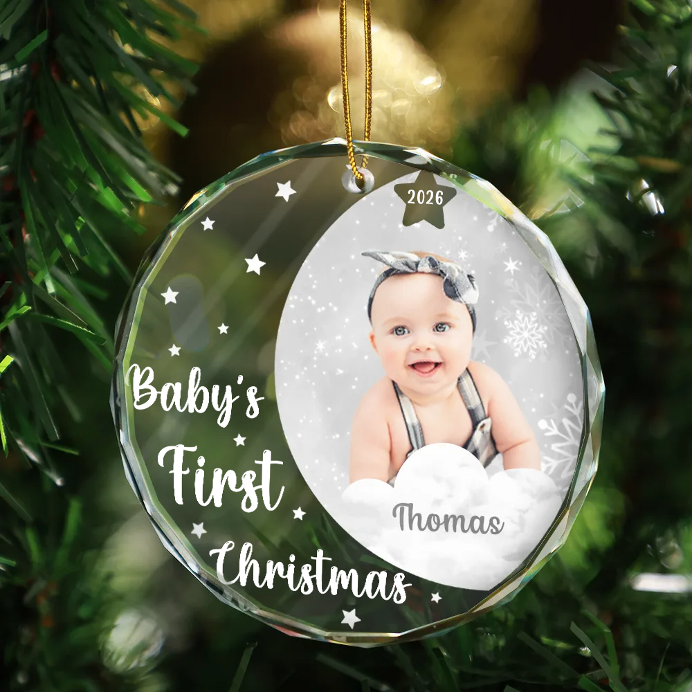 Personalised Glass Christmas Ornament with Photo - Baby's First Christmas