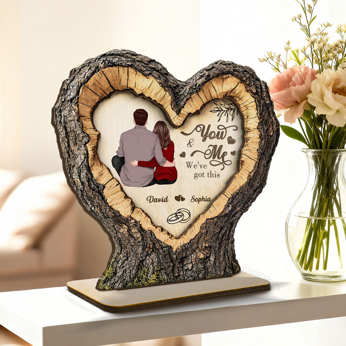 Personalised Couple Layered Wooden Plaque - Heart and Hugging Couple Design