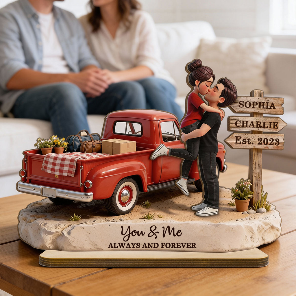 Personalised Couple Wooden Plaque - Couple and Pick‑Up Truck Design