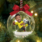 Personalised Clear Christmas Bauble with Photo - Football Kid Design