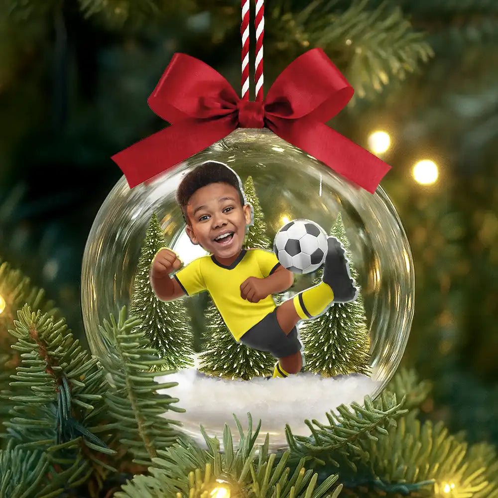 Personalised Clear Christmas Bauble with Photo - Football Kid Design