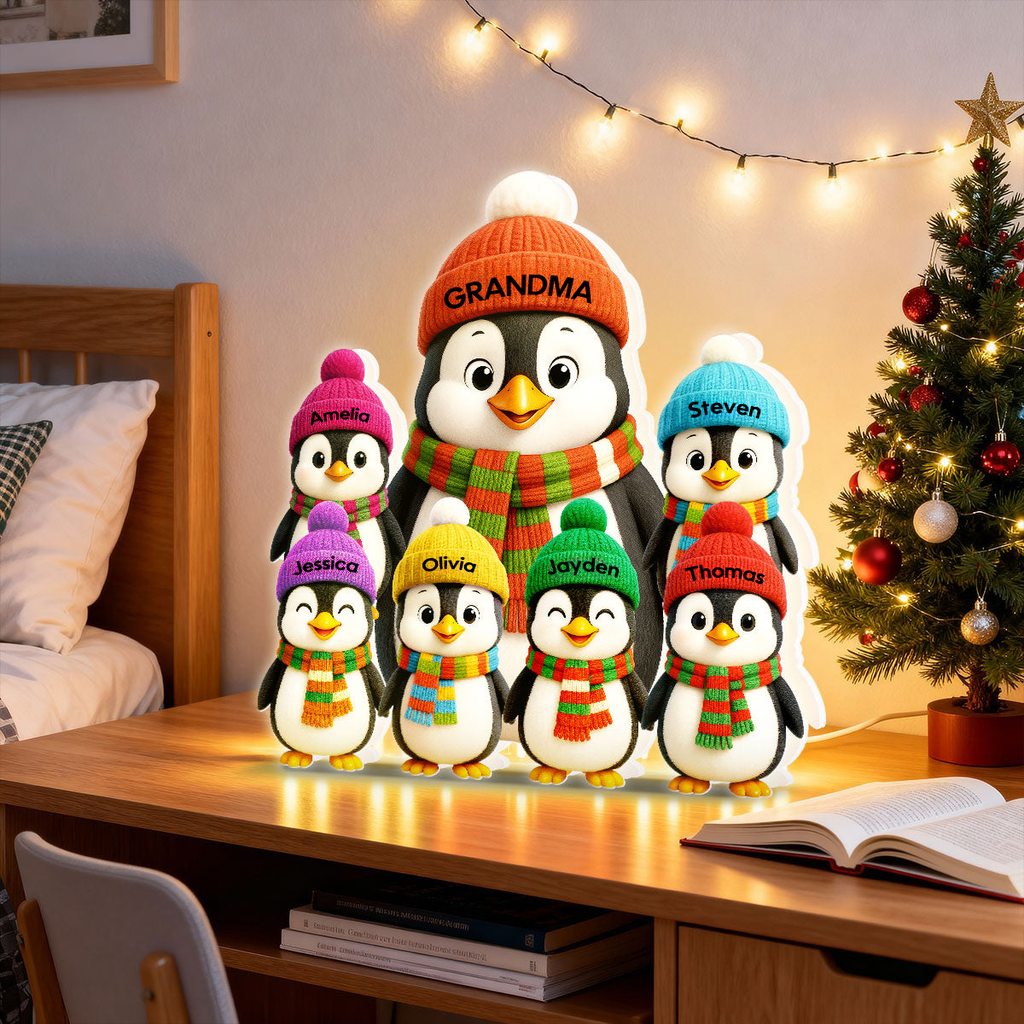 Personalised Grandma LED Light Box with Names - Penguins Design