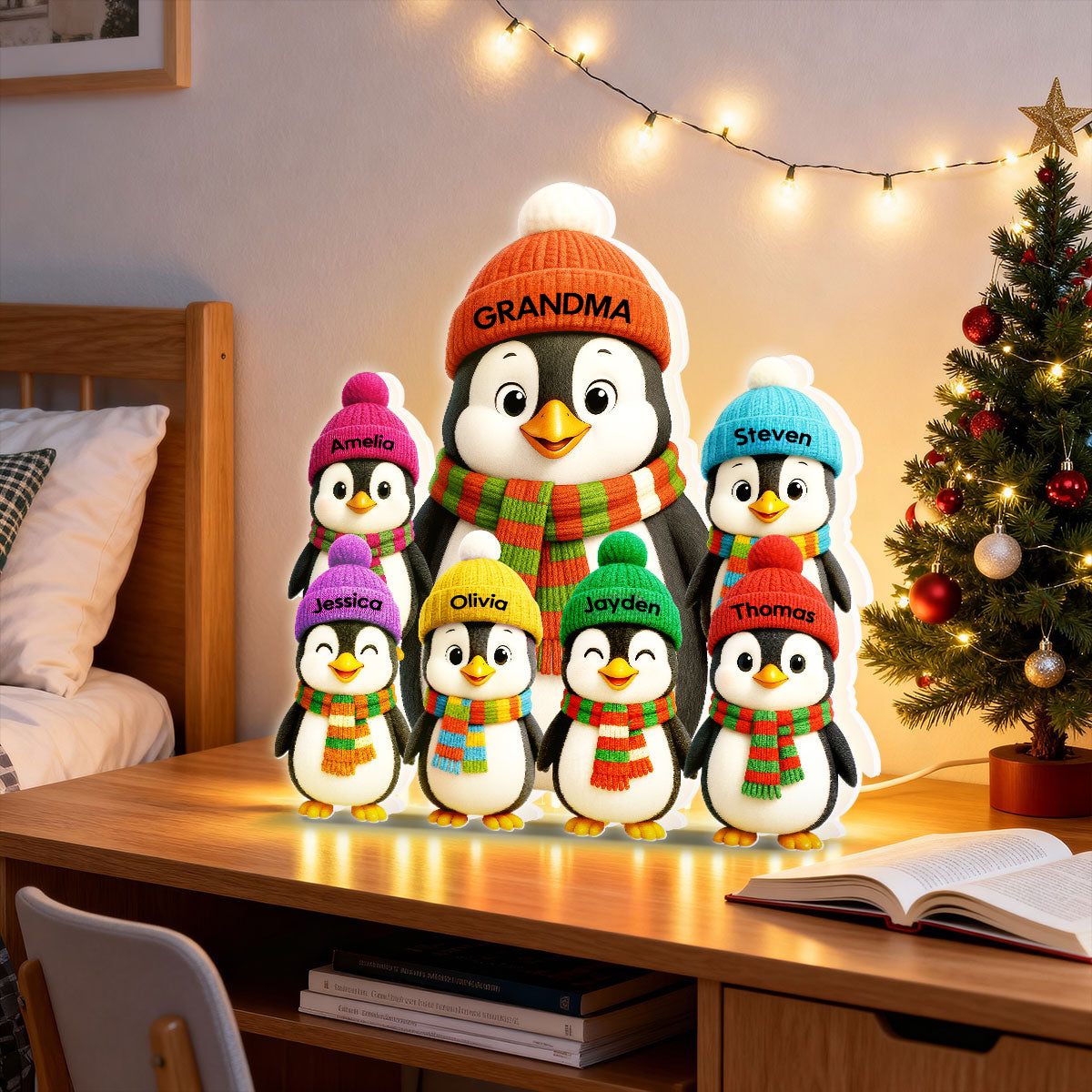 Personalised Grandma LED Light Box with Names - Penguins Design