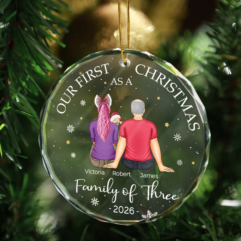 Personalised Family Glass Christmas Ornament with Baby and Pets - Our First Christmas