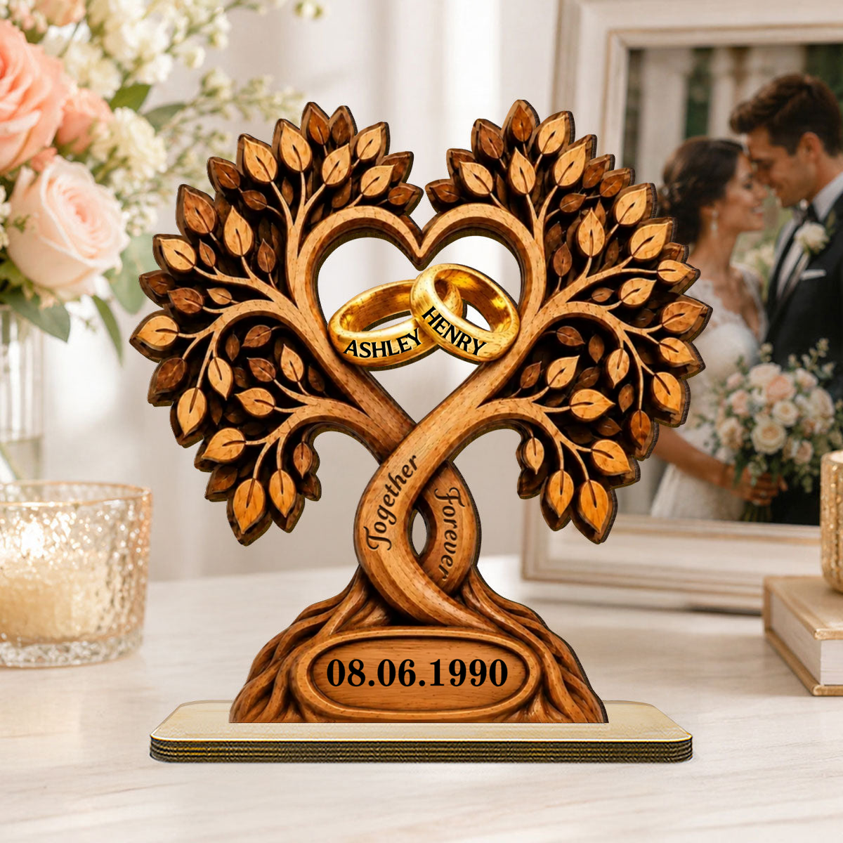 Personalised Couple Wooden Plaque with Name & Date - Tree & Rings Design