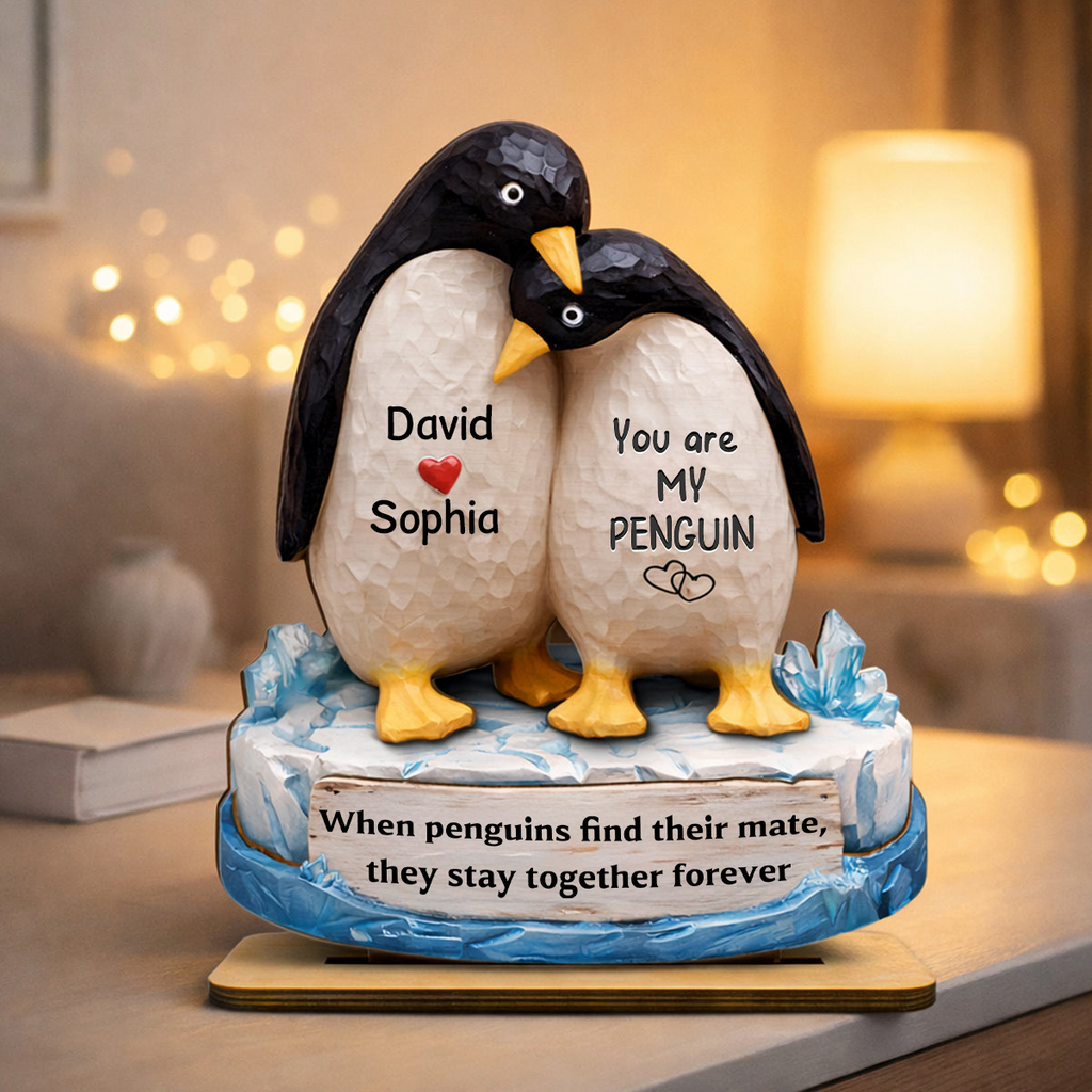 Personalised Wooden Plaque with Names - Penguin Couple Design