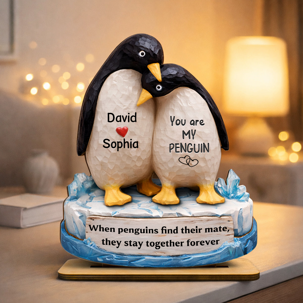Personalised Wooden Plaque with Names - Penguin Couple Design