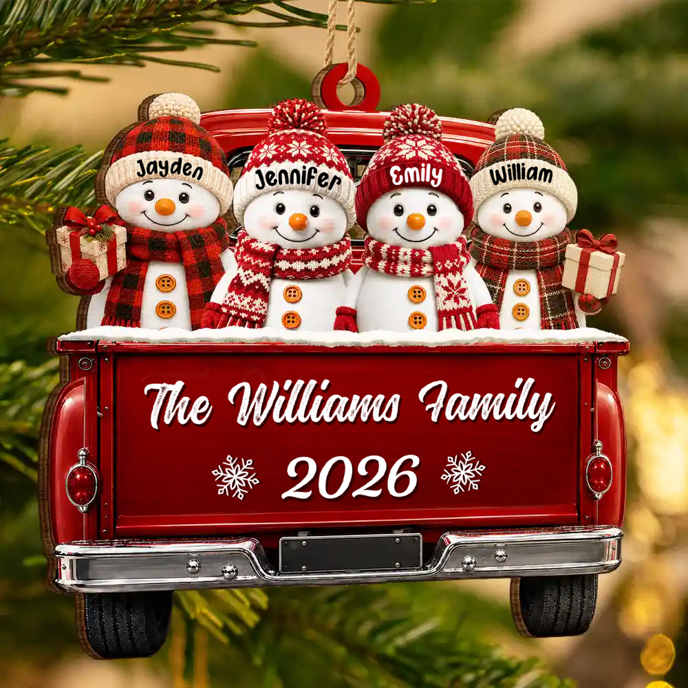 Personalised Family Wooden Christmas Ornament with Names - Snowman Design