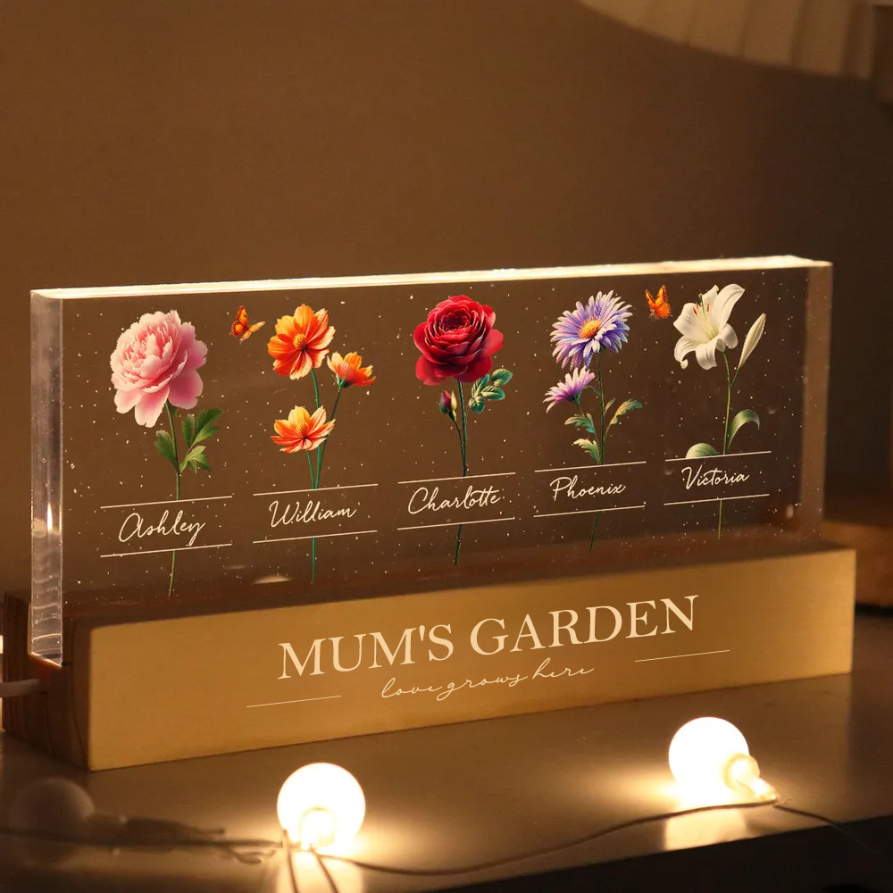 Personalised LED Night Light with Birth Flowers & Text - Gift for Mum & Grandma