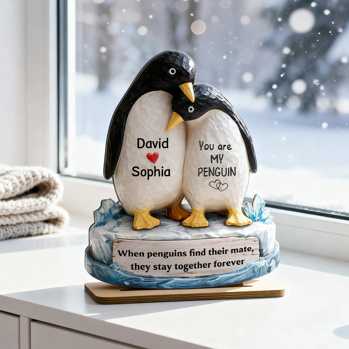 Personalised Wooden Plaque with Names - Penguin Couple Design