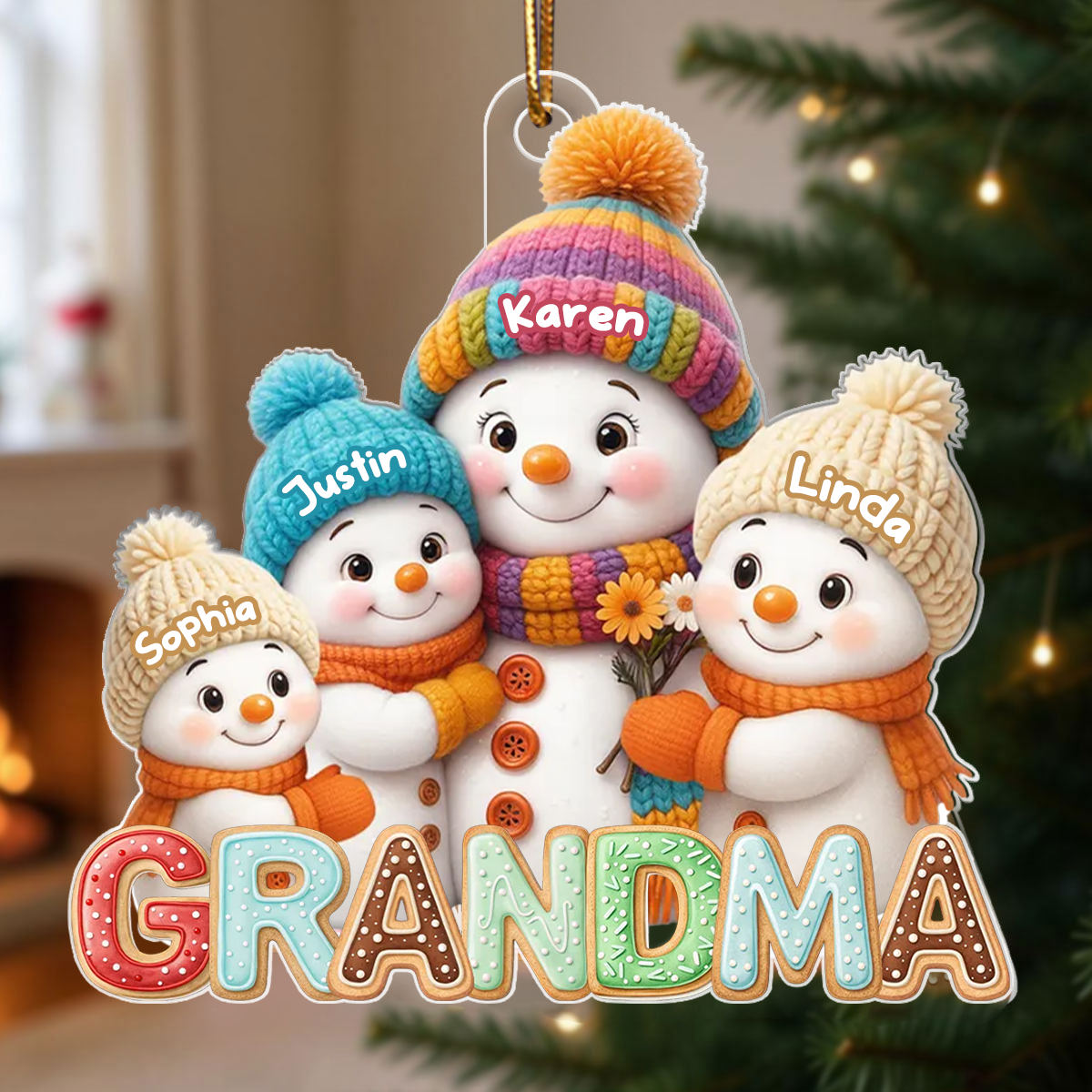 Personalised Acrylic Christmas Ornament with Names for Grandma - Snowman Design