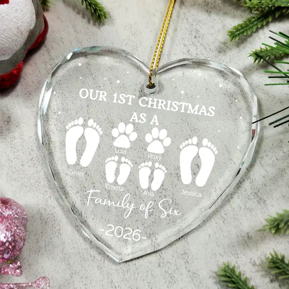 Personalised Glass Christmas Ornament - "Our 1st Christmas as a Family of..." Footprint Design